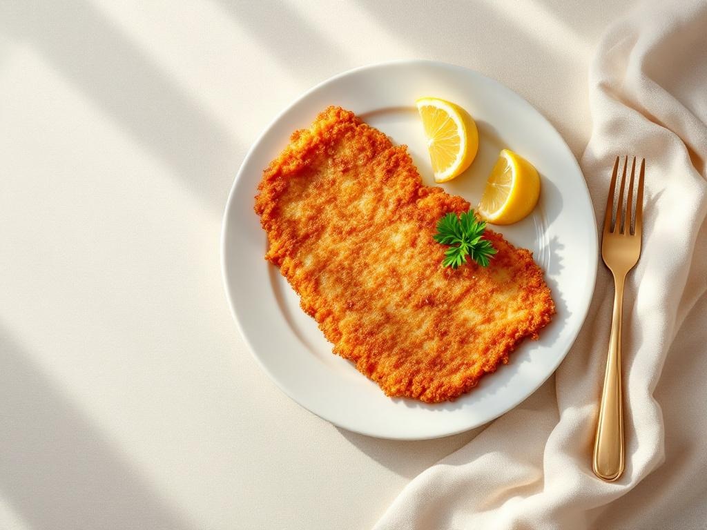 Frisch paniertes Wiener Schnitzel auf weißem Teller